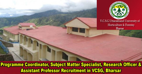 Programme Coordinator, Subject Matter Specialist, Research Officer & Assistant Professor Recruitment in VCSG, Bharsar 