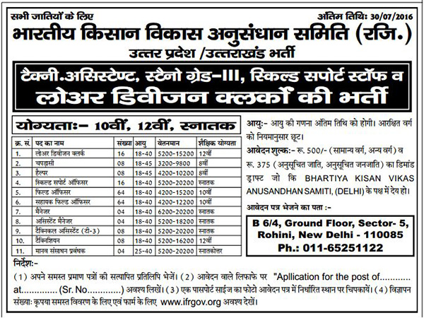 Multiple Recruitment in Bhartiya Kisan Vikas Anusandhan Samiti