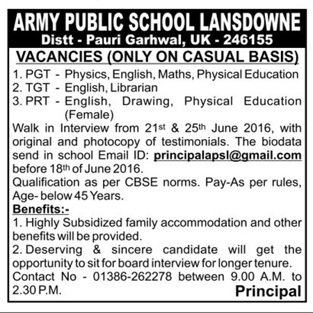 Teachers Recruitment in Army School Lansdowne, Pauri