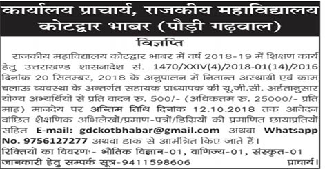 Assistant Professor Recruitment in Govt. PG College Kotdwar Bhabar, Pauri 1