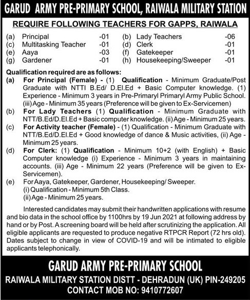 Multiple Recruitment in Garud Army Pre-Primary School Raiwala