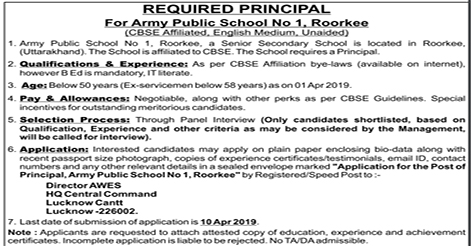 Principal Recruitment in Army Public School 1 Roorkee