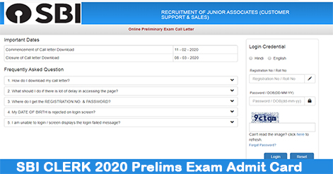 SBI Clerk 2020 Prelim Exam Admit Card