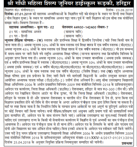LT Recruitment in SGMSJS Roorkee, Haridwar
