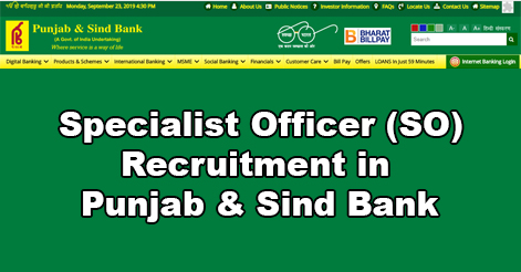 Specialist Officer Recruitment in Punjab & Sind Bank
