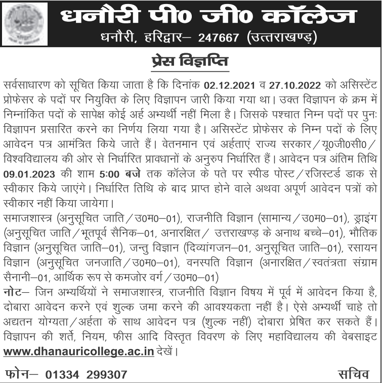 Assistant Professors Recruitment in Dhanauri PG College Dhanauri, Haridwar Notification