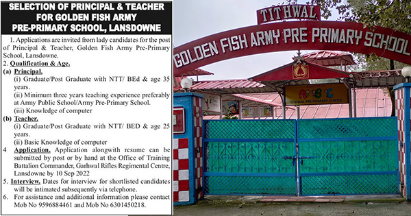Golden Fish Army Pre Primary School, Lansdowne Vacancies