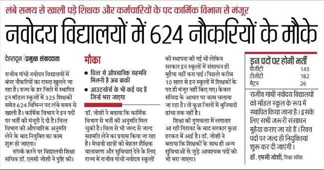 624 Vacancies In Navodaya Vidyalayas In Uttarakhand To Be