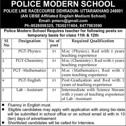 Teachers Recruitment in Police Modern School Dehradun